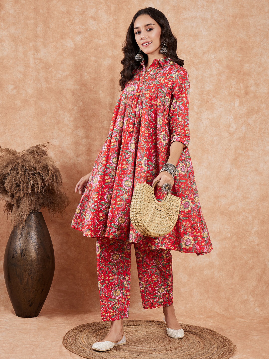InWeave Women's Red Yellow Floral Print Flared Kurta Pant Set | Grocsy