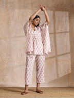 trueBrowns Pink Buta On White Block Print Cotton Kaftan Co-Ord Set | Grocsy