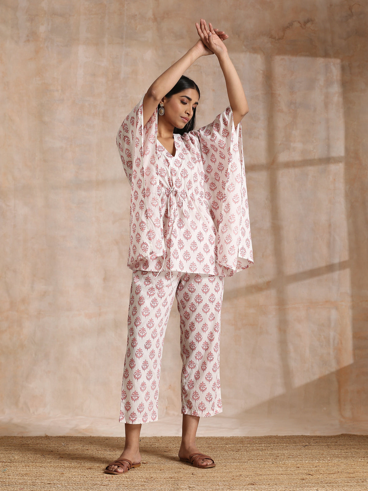 trueBrowns Pink Buta On White Block Print Cotton Kaftan Co-Ord Set | Grocsy