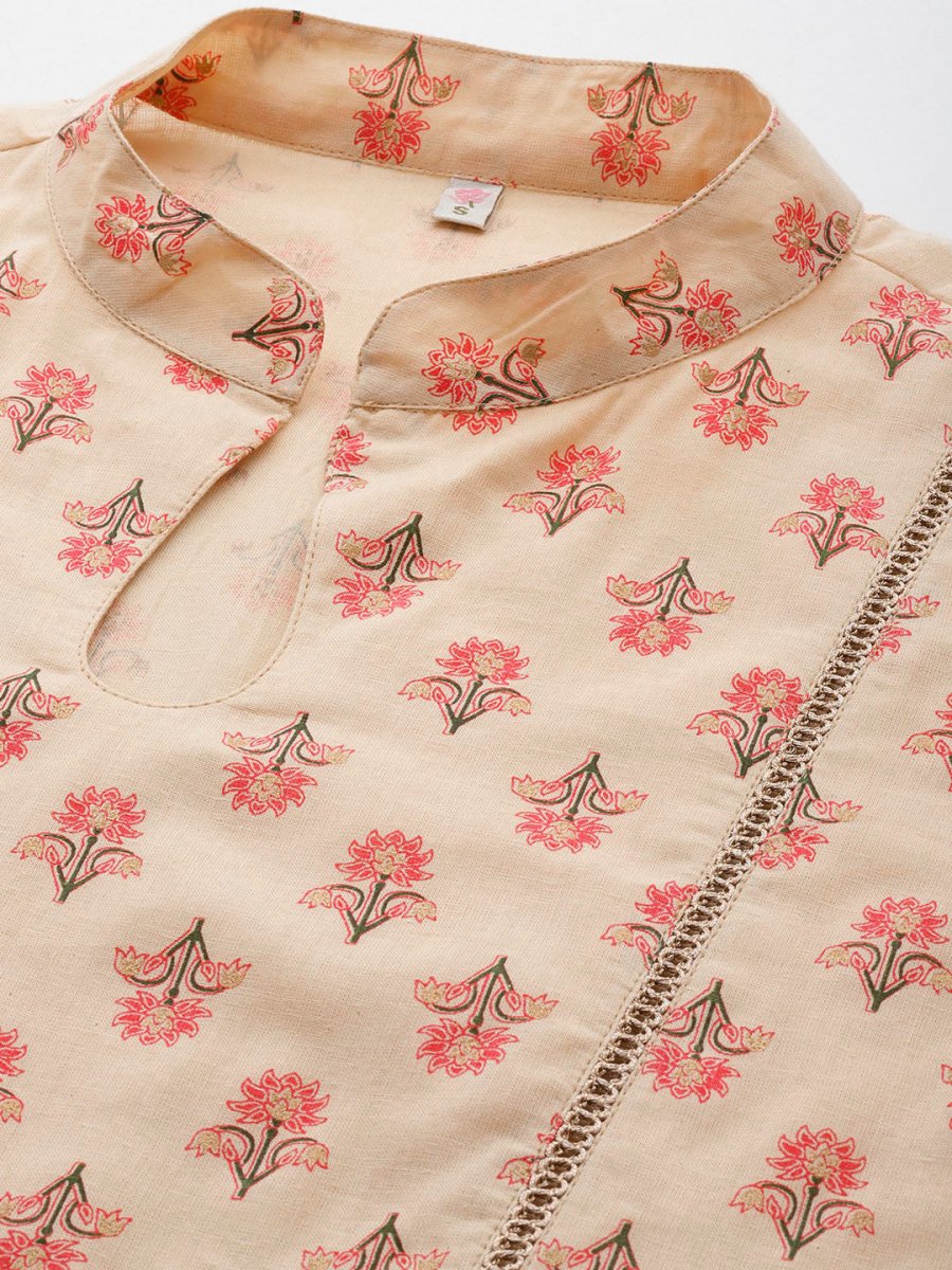 Ahalyaa Floral Print Mandarin Collar Tiered Midi Pure Cotton Ethnic Dress | Grocsy