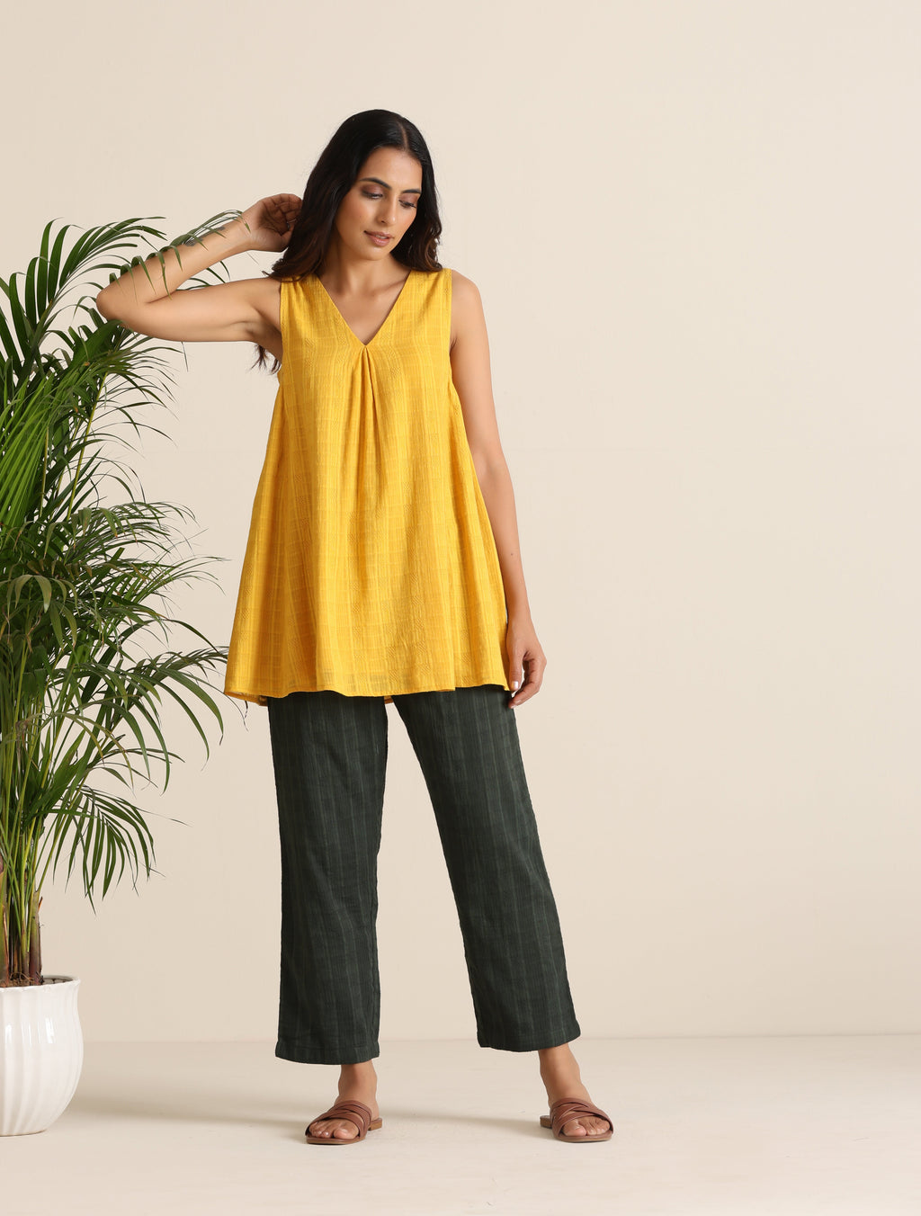 trueBrowns Mustard Cotton Dobby Sleeveless Co-ord Set | Grocsy