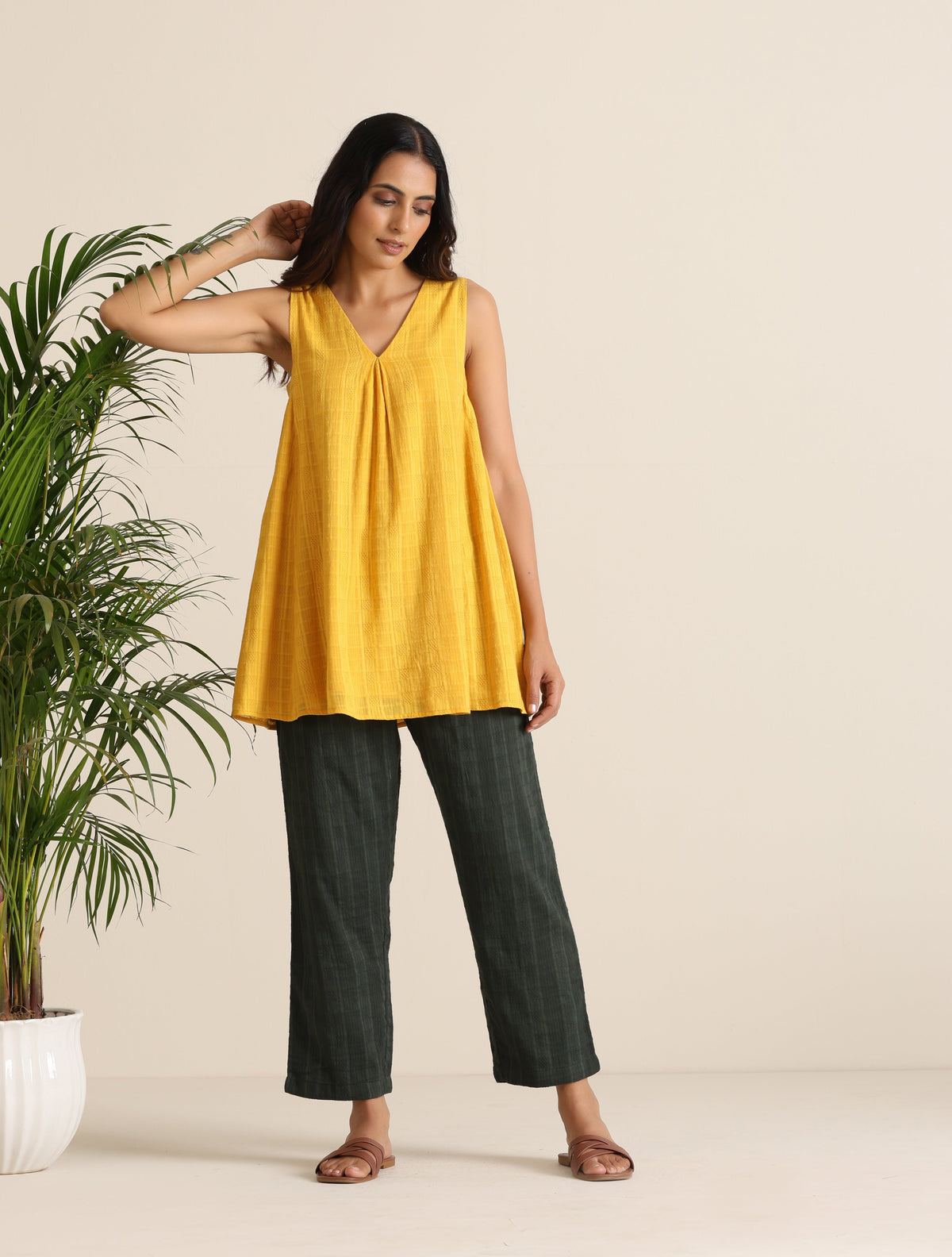 trueBrowns Mustard Cotton Dobby Sleeveless Co-ord Set | Grocsy