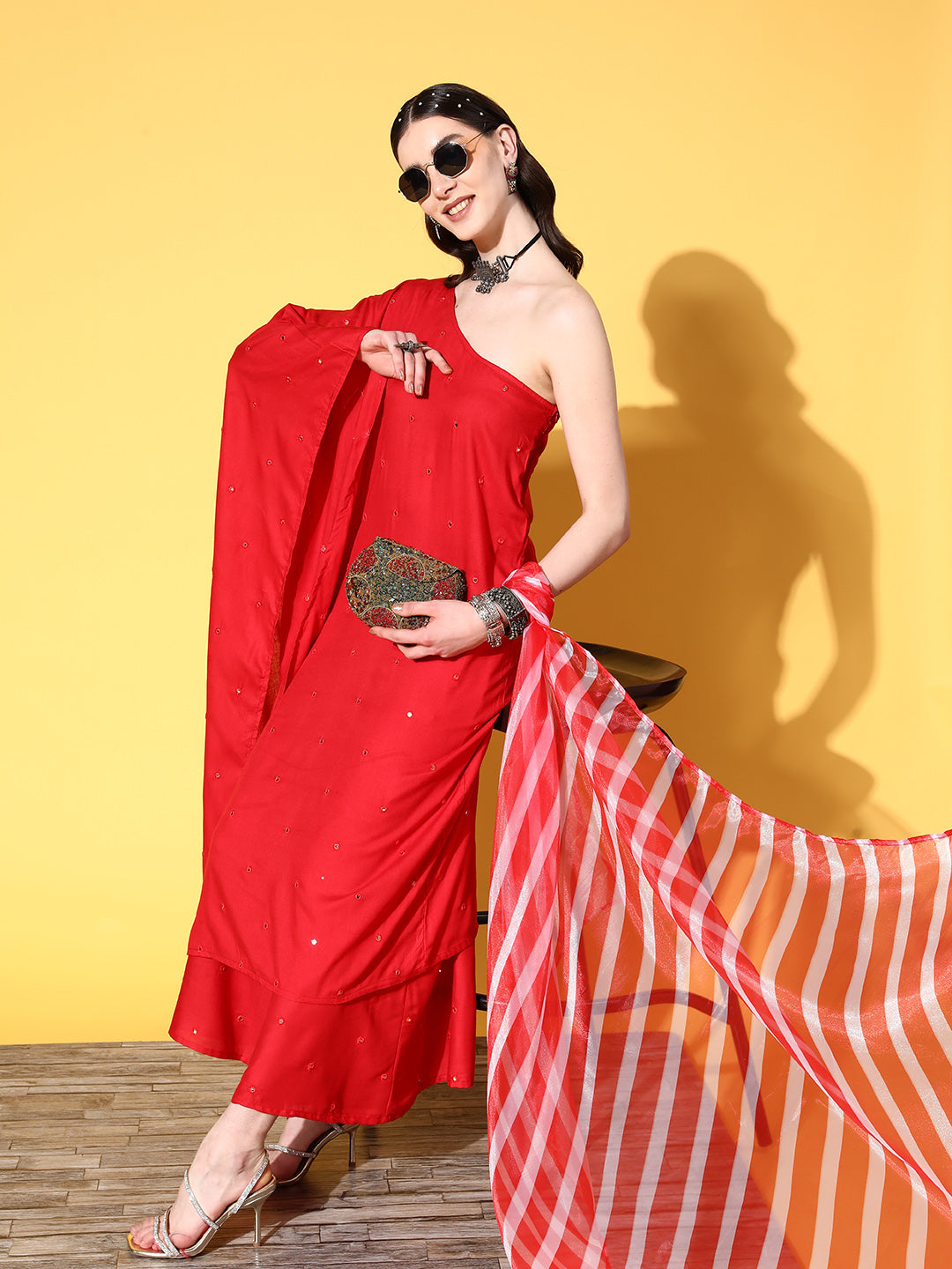 InWeave Women's Red Mirror Work One Shoulder Kurta Set With Dupatta | Grocsy