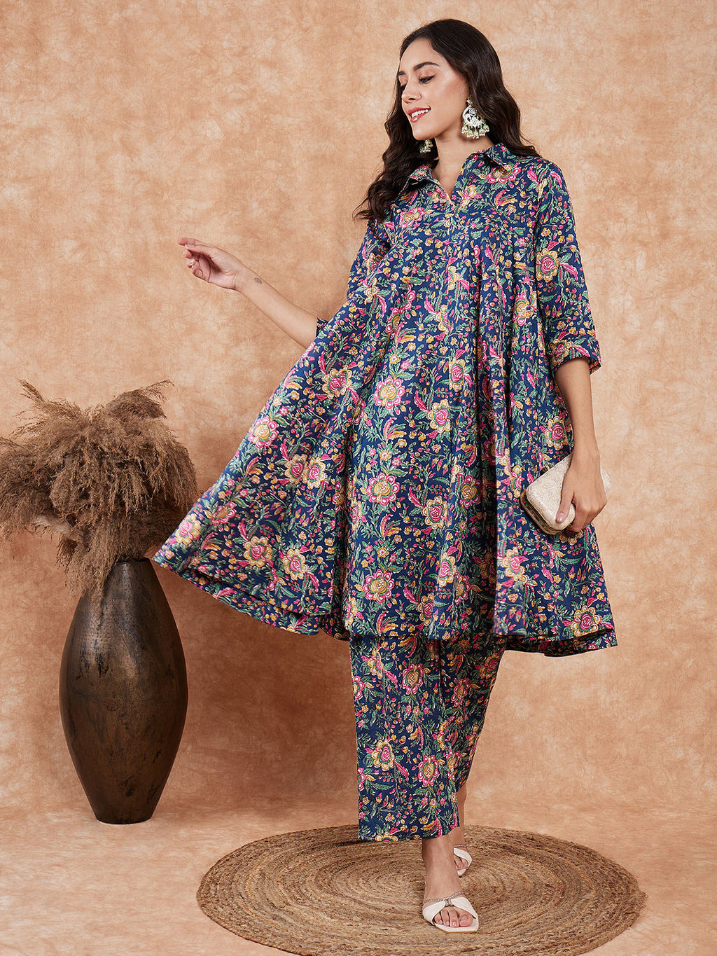 InWeave Women's Blue Green Pink Floral Print Flared Kurta Pant Set | Grocsy