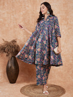 InWeave Women's Blue Green Pink Floral Print Flared Kurta Pant Set | Grocsy