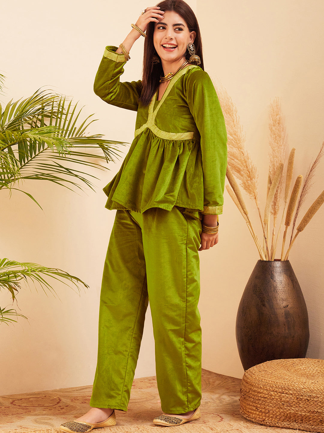 InWeave Women's Olive Mughal Shaan Style Velvet Short Kurta Set | Grocsy