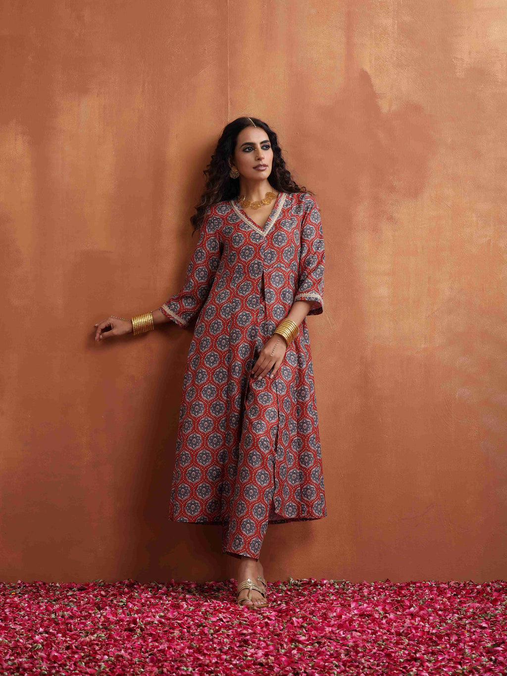 trueBrowns Rust Ajrak Print Slit Kurta Set | Grocsy