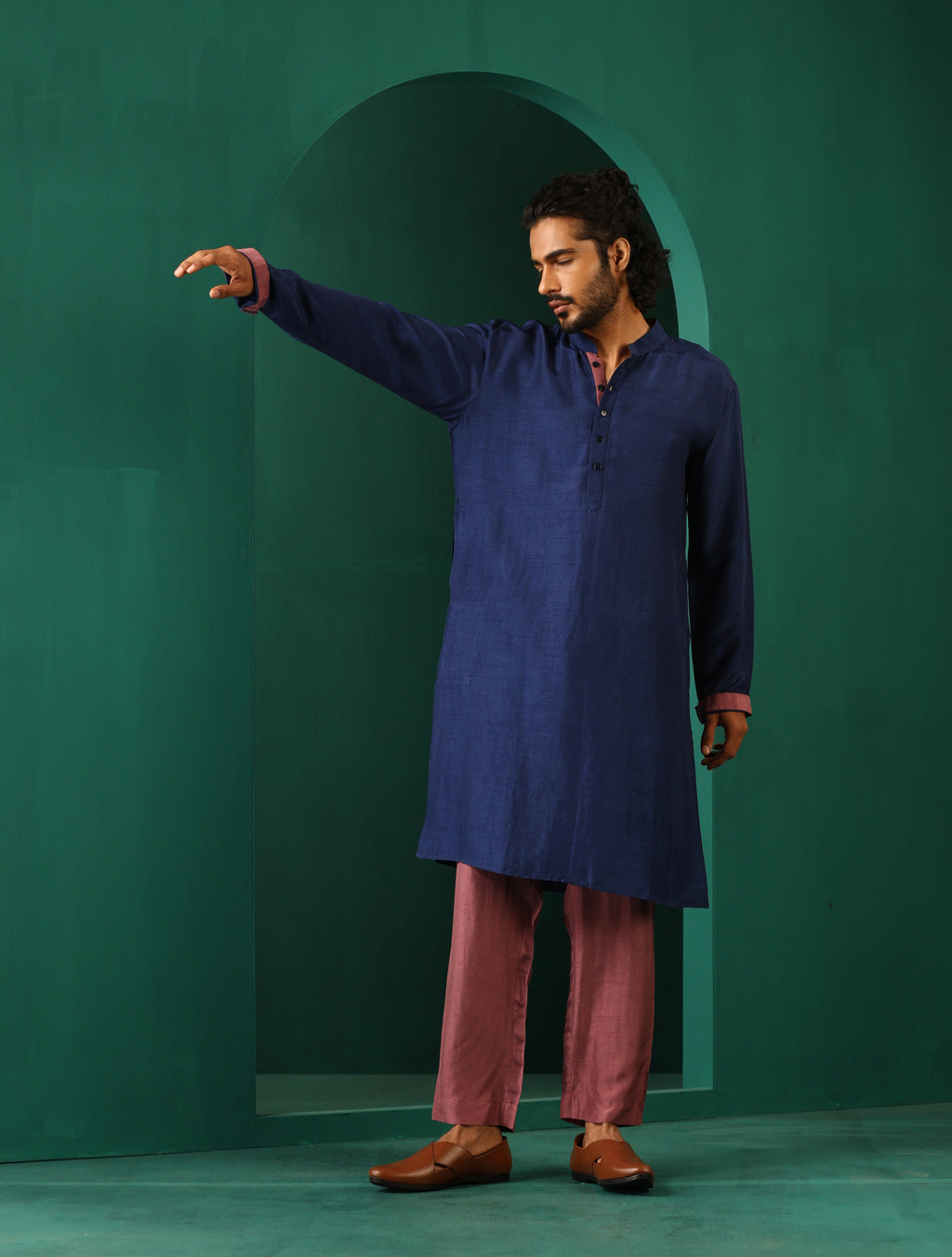 trueBrowns Men's Blue Silk Long Kurta | Grocsy