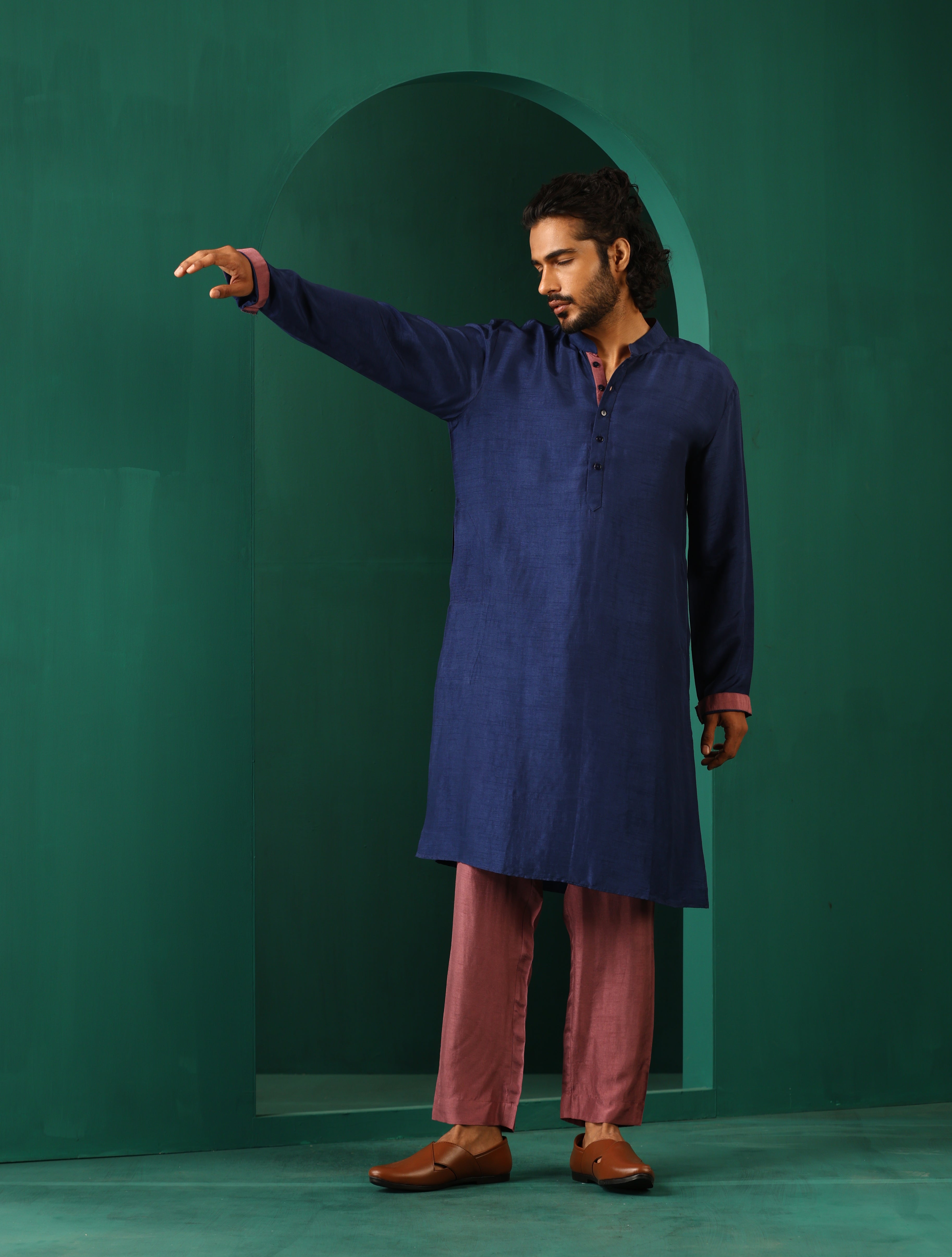 trueBrowns Men's Blue Silk Long Kurta | Grocsy