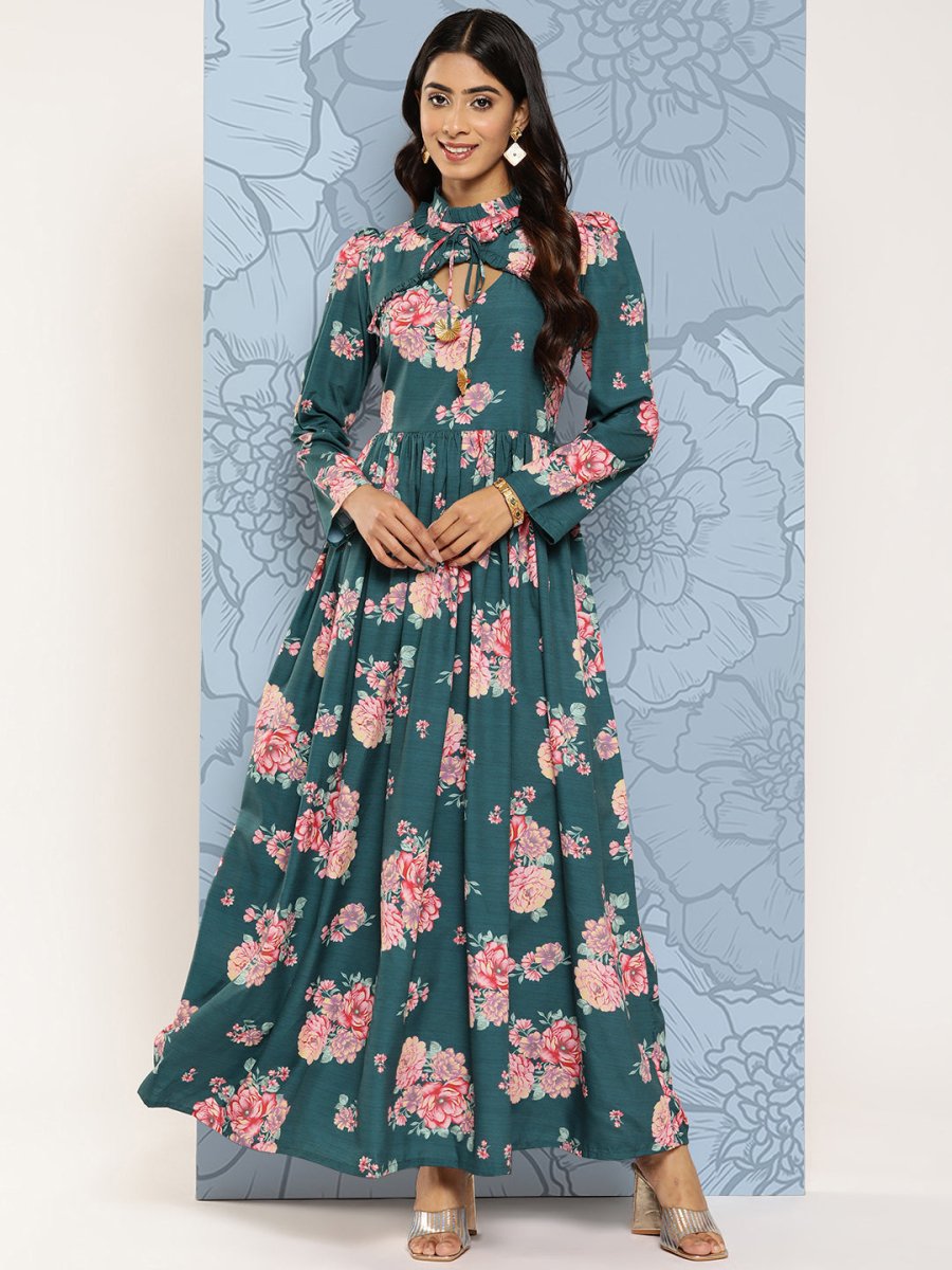 Ahalyaa Floral Print Puff Sleeves Tie-Up Neck Crepe Ethnic Gown With Cut-Out Detail | Grocsy