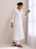 trueBrowns White Dobby Angrakha Kurta Pant Set | Grocsy