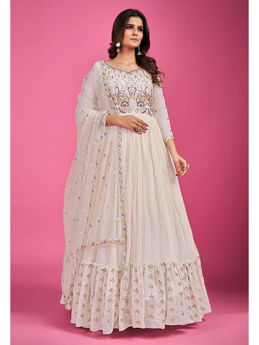 Myra White Pure Georgette Embroidered Gown | Grocsy