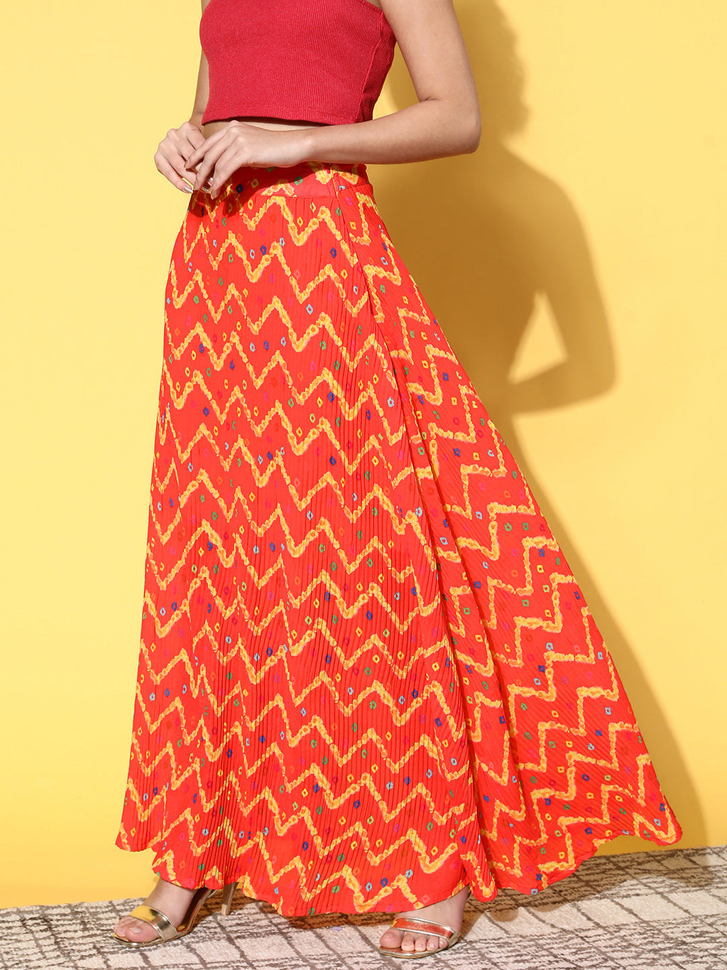 InWeave Women's Orange Bandhej Pleated Skirt | Grocsy