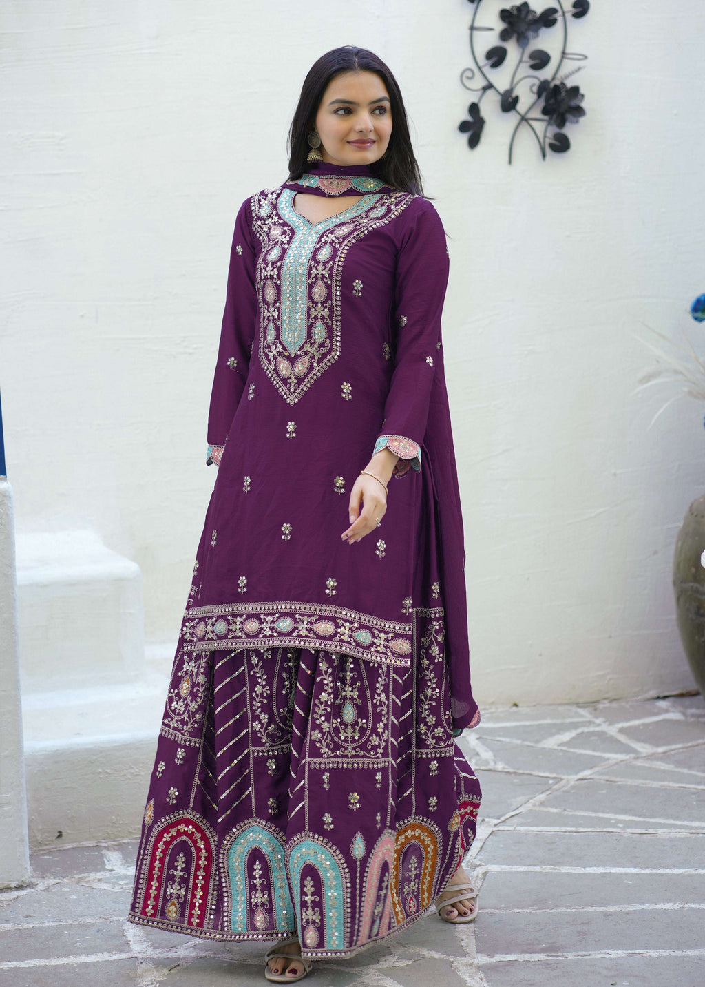 Yash Enterprise Embroidered Chinon With Sequin Maroon Readymade Salwar Suit | Grocsy
