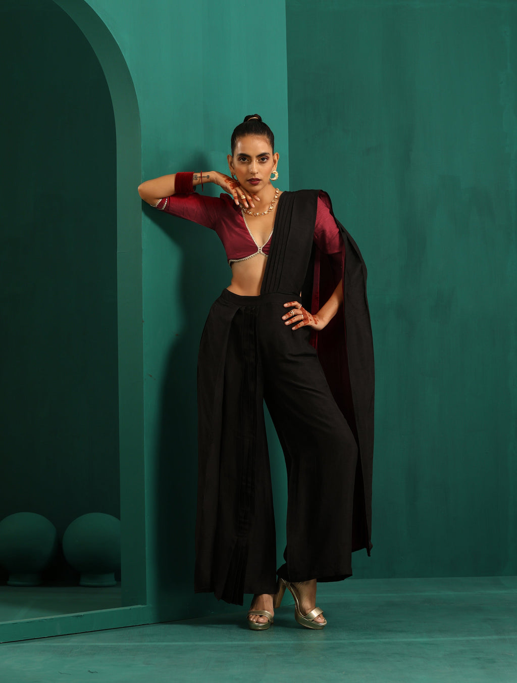 trueBrowns Black Silk Palazzo Stitched Saree | Grocsy