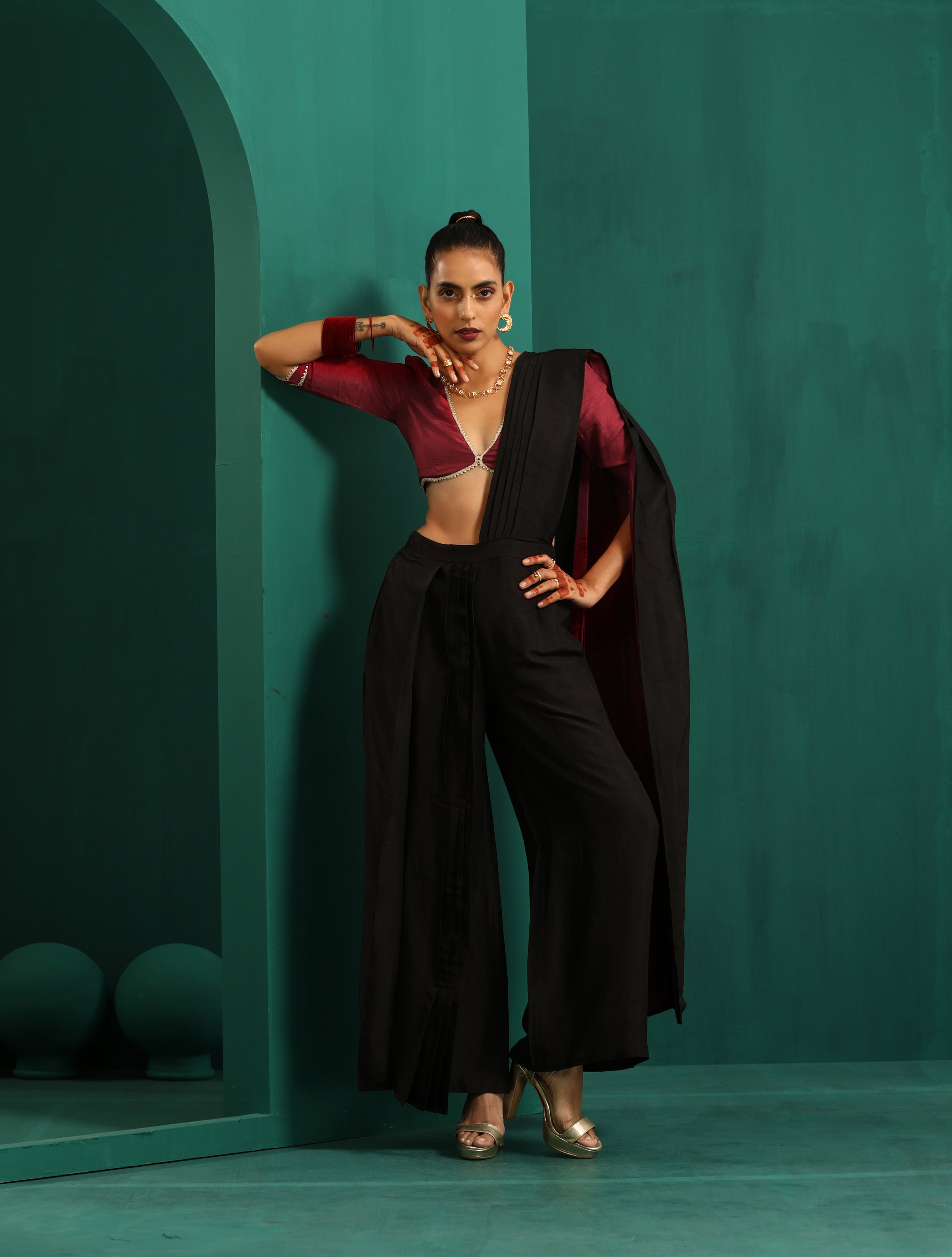 trueBrowns Black Silk Palazzo Stitched Saree | Grocsy