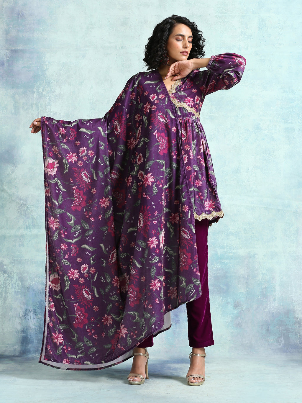 trueBrowns Wine Printed Velvet Shawl | Grocsy