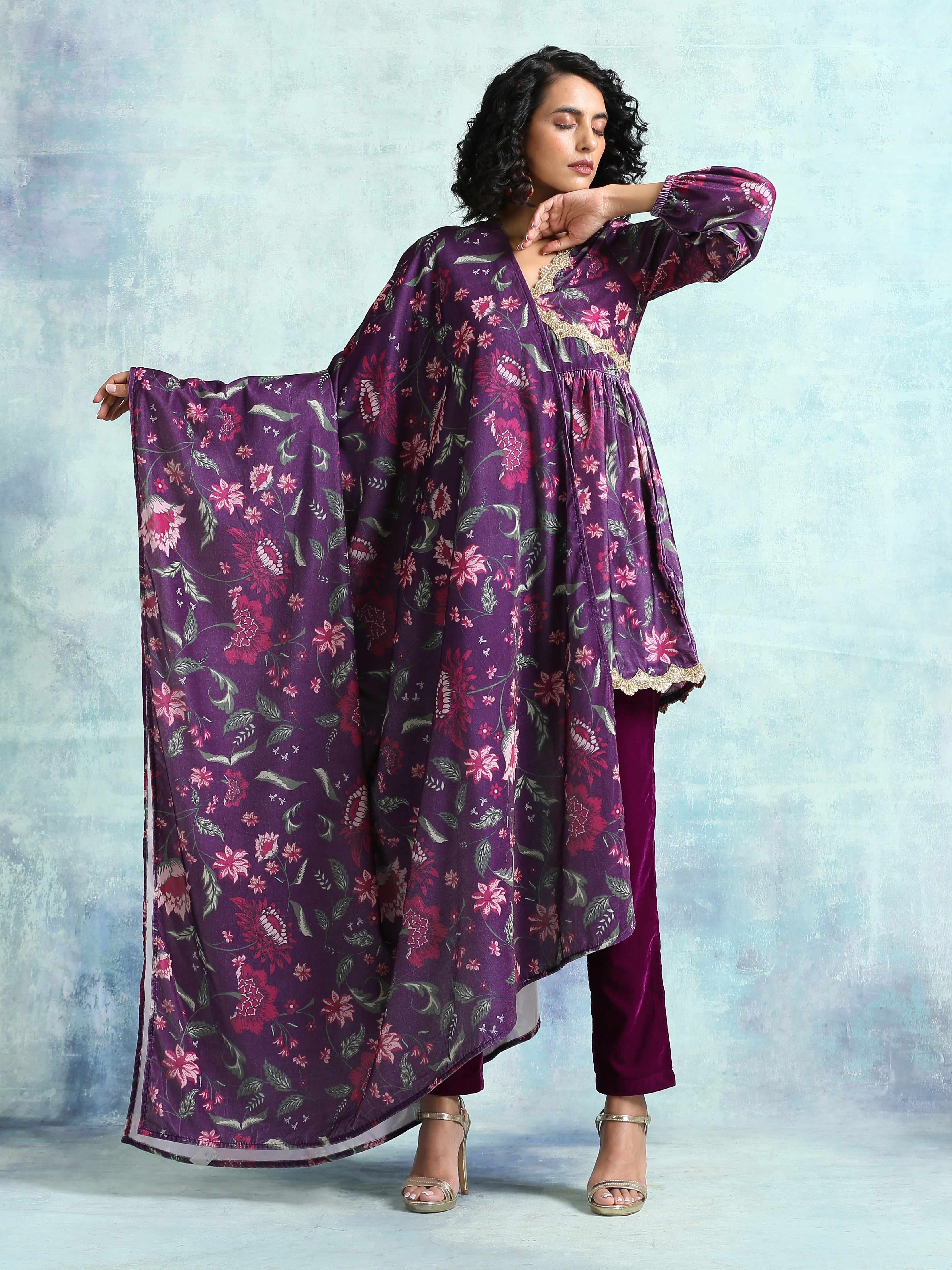 trueBrowns Wine Printed Velvet Shawl | Grocsy