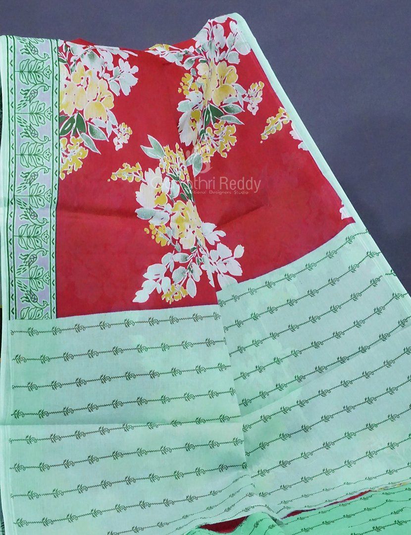 Tomato Red Colour Block Print Pure Mulmul Cotton Saree By Gayathri Reddy Designer Studio | Grocsy