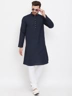 Even Apparels Blue Pure Cotton Kurta With Band Collar | Grocsy