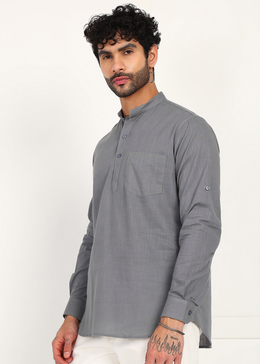 Fabmade Ash Grey Linen Short Kurta | Grocsy