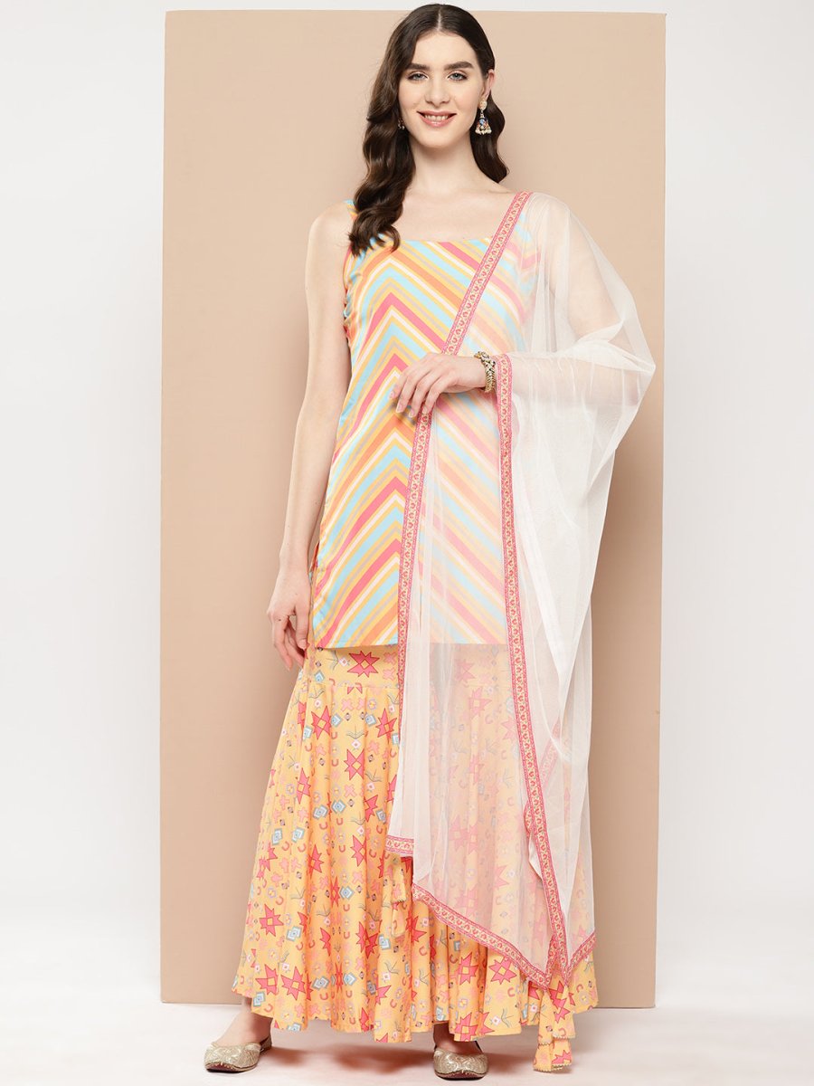 Ahalyaa Women Printed Regular Gotta Patti Kurti with Sharara & With Dupatta | Grocsy