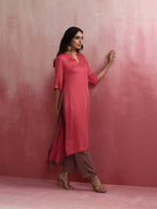 trueBrowns Red Modal Straight Fit Kurta Set | Grocsy