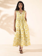trueBrowns Lime Cotton Ikat Sleeveless Flared Dress | Grocsy