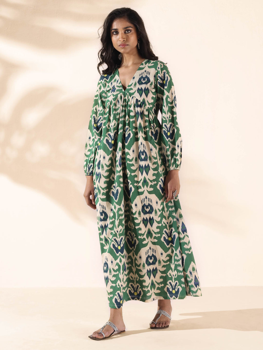 trueBrowns Green Cotton Ikat Flared Dress | Grocsy