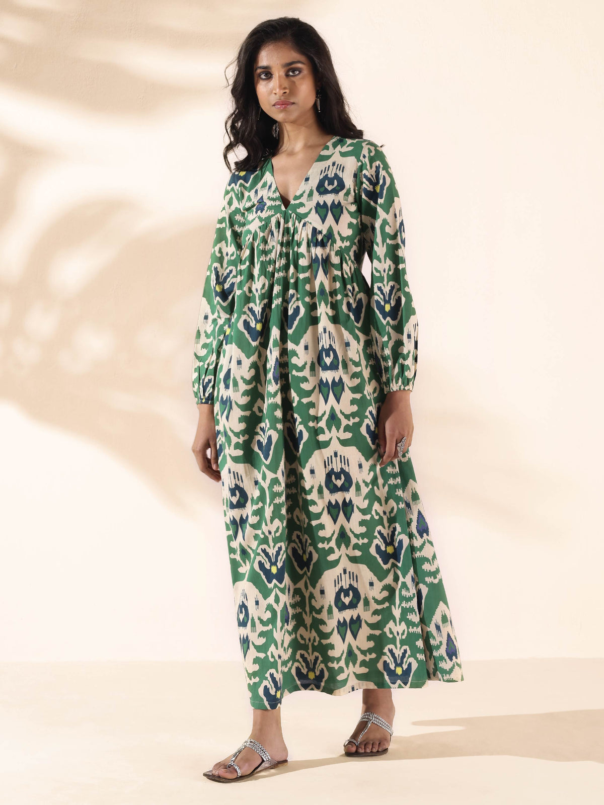 trueBrowns Green Cotton Ikat Flared Dress | Grocsy