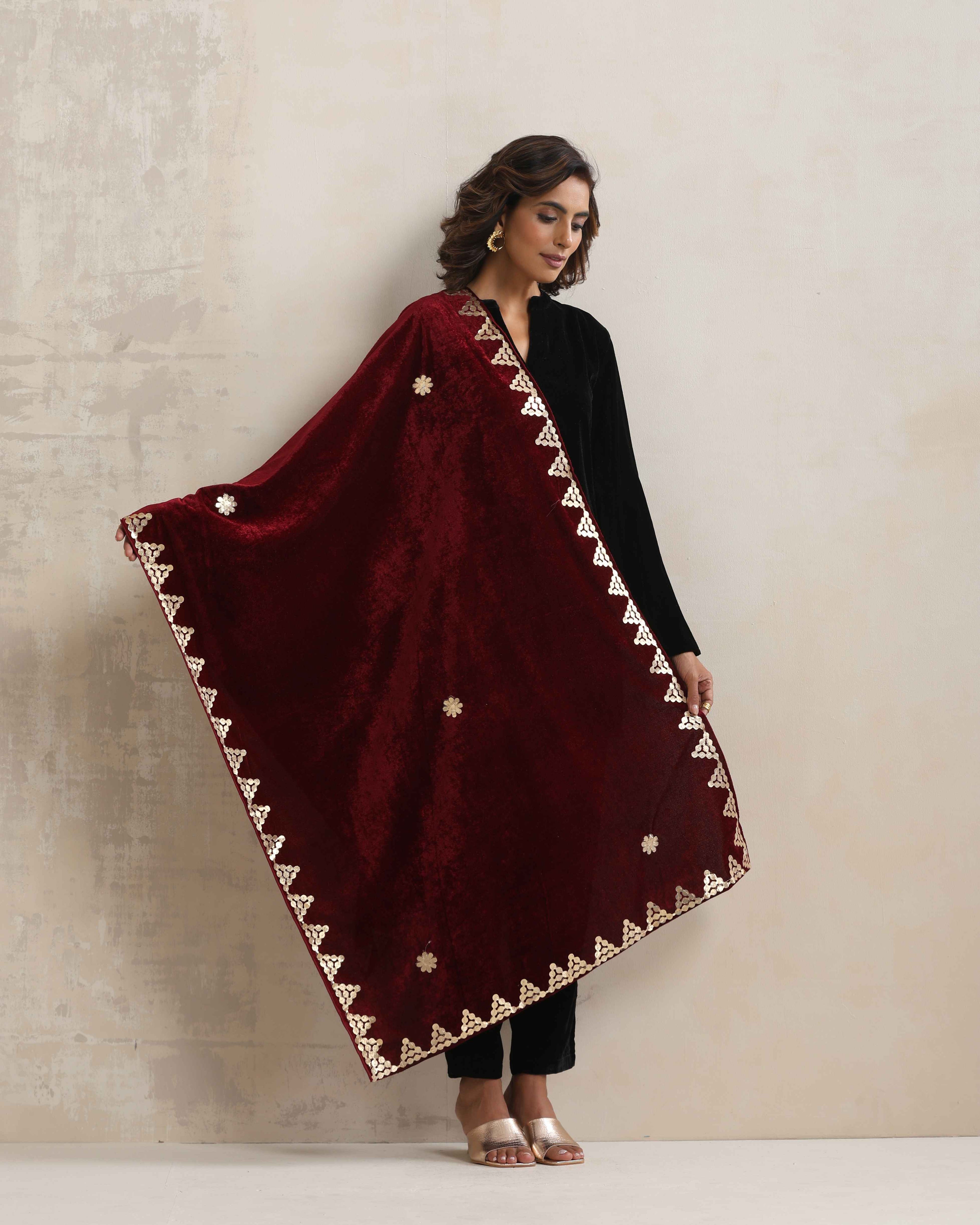 trueBrowns Maroon Velvet Gota Patti Stole | Grocsy