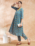 InWeave Women's Blue Orange Floral Yellow White Leh V Neck Kurta Set | Grocsy