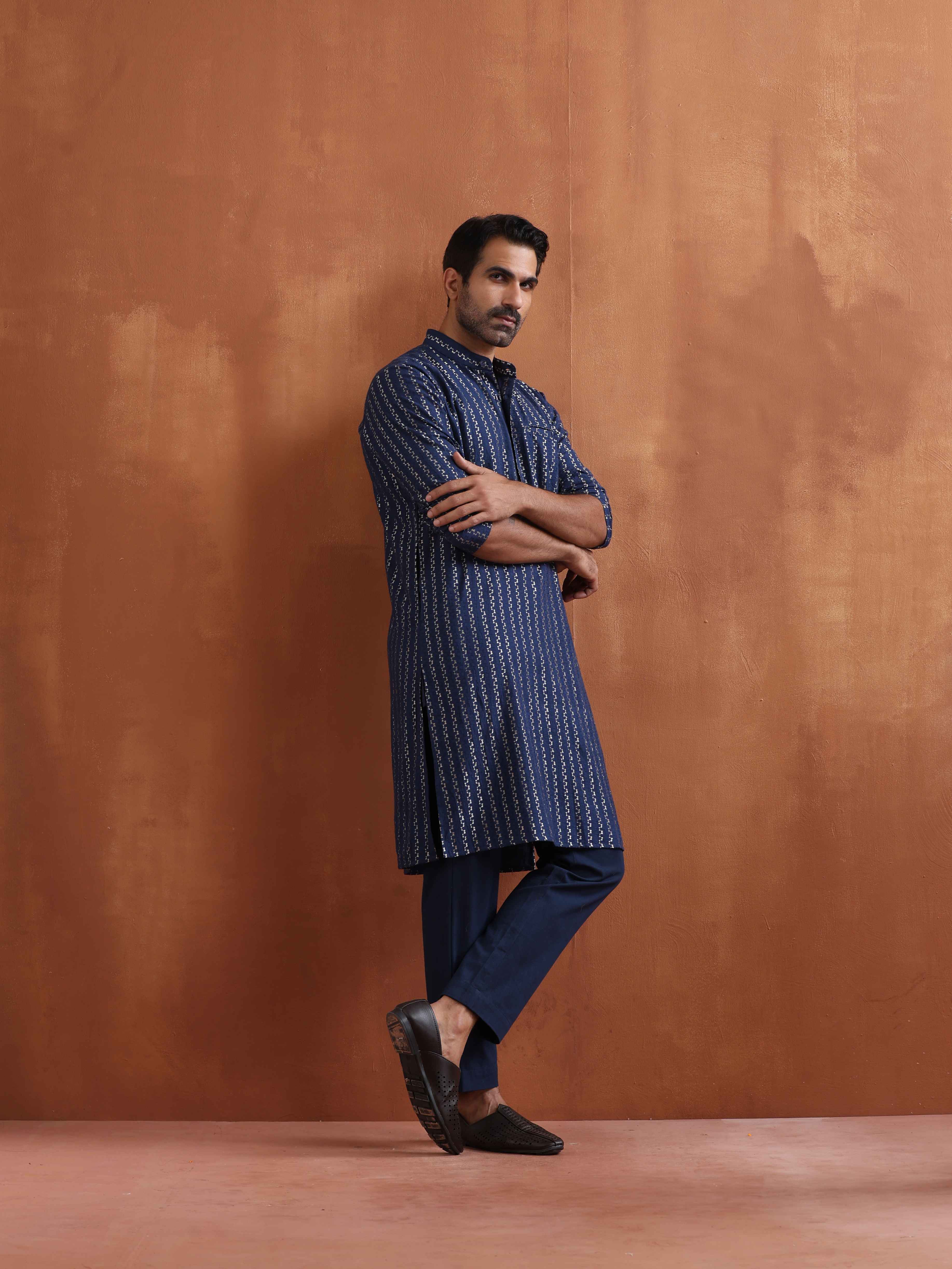 trueBrowns Men's Blue Cotton Dobby Kurta | Grocsy