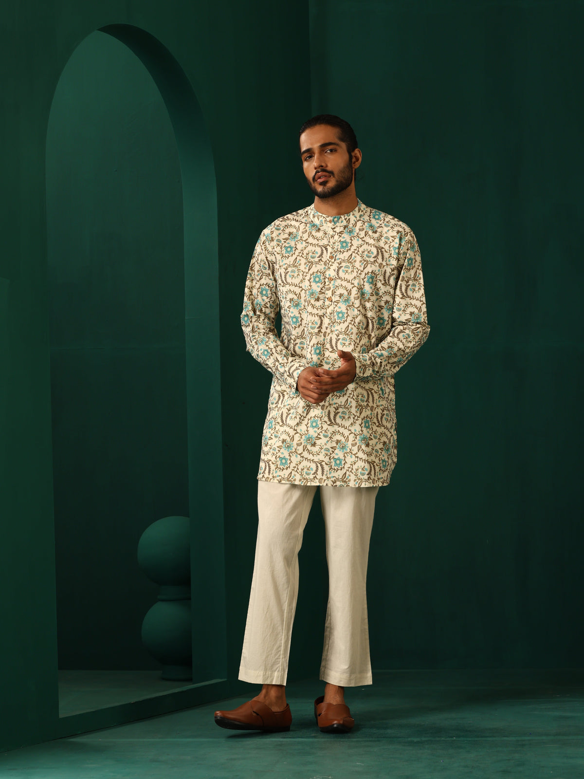 trueBrowns Men's Teal Floral Cotton Printed Co-ord Set | Grocsy