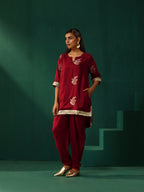trueBrowns Maroon Floral Viscose Silk High Low Co-ord Set | Grocsy