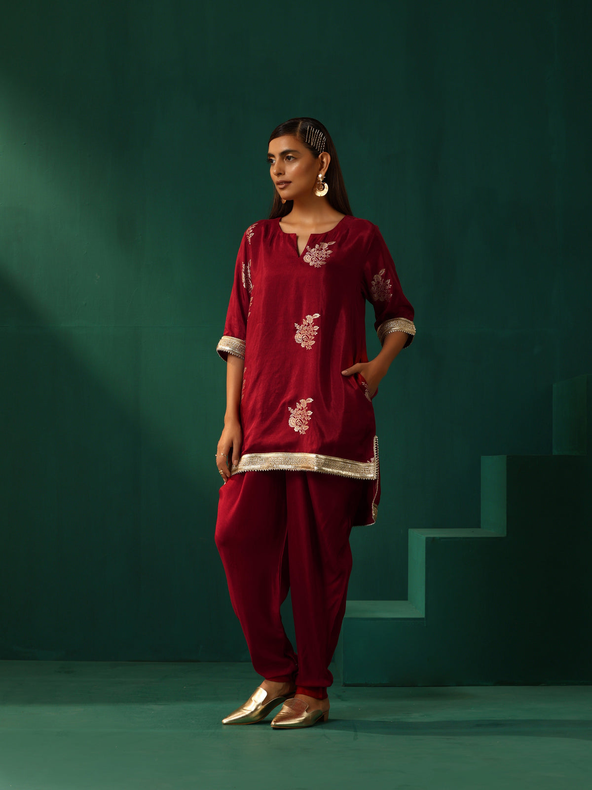 trueBrowns Maroon Floral Viscose Silk High Low Co-ord Set | Grocsy