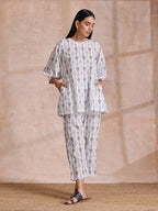 trueBrowns Grey On White Ikat Print Cotton Baggy Sleeve Co-Ord Set | Grocsy