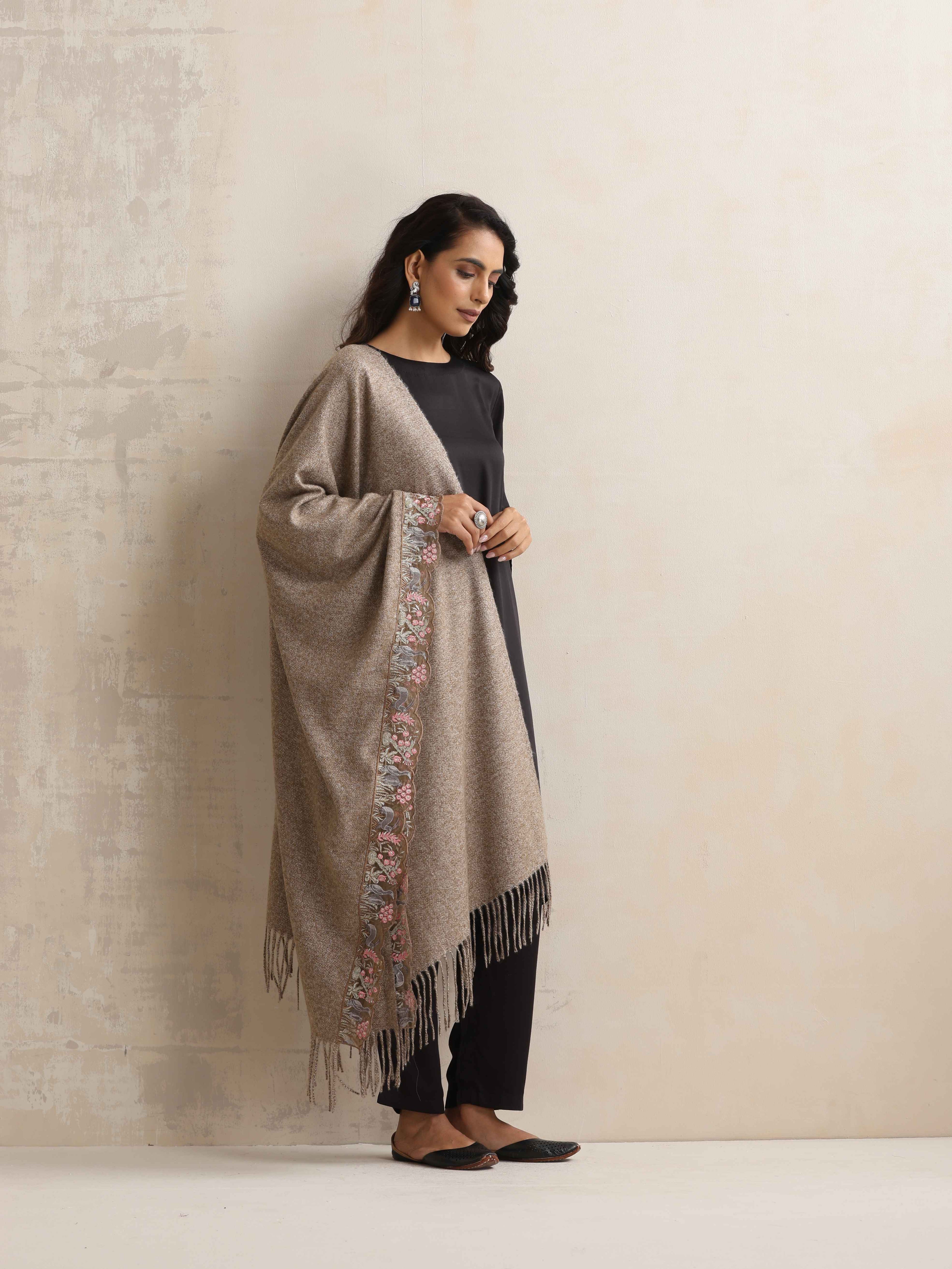 trueBrowns Beige Embroidered Woollen Stole | Grocsy