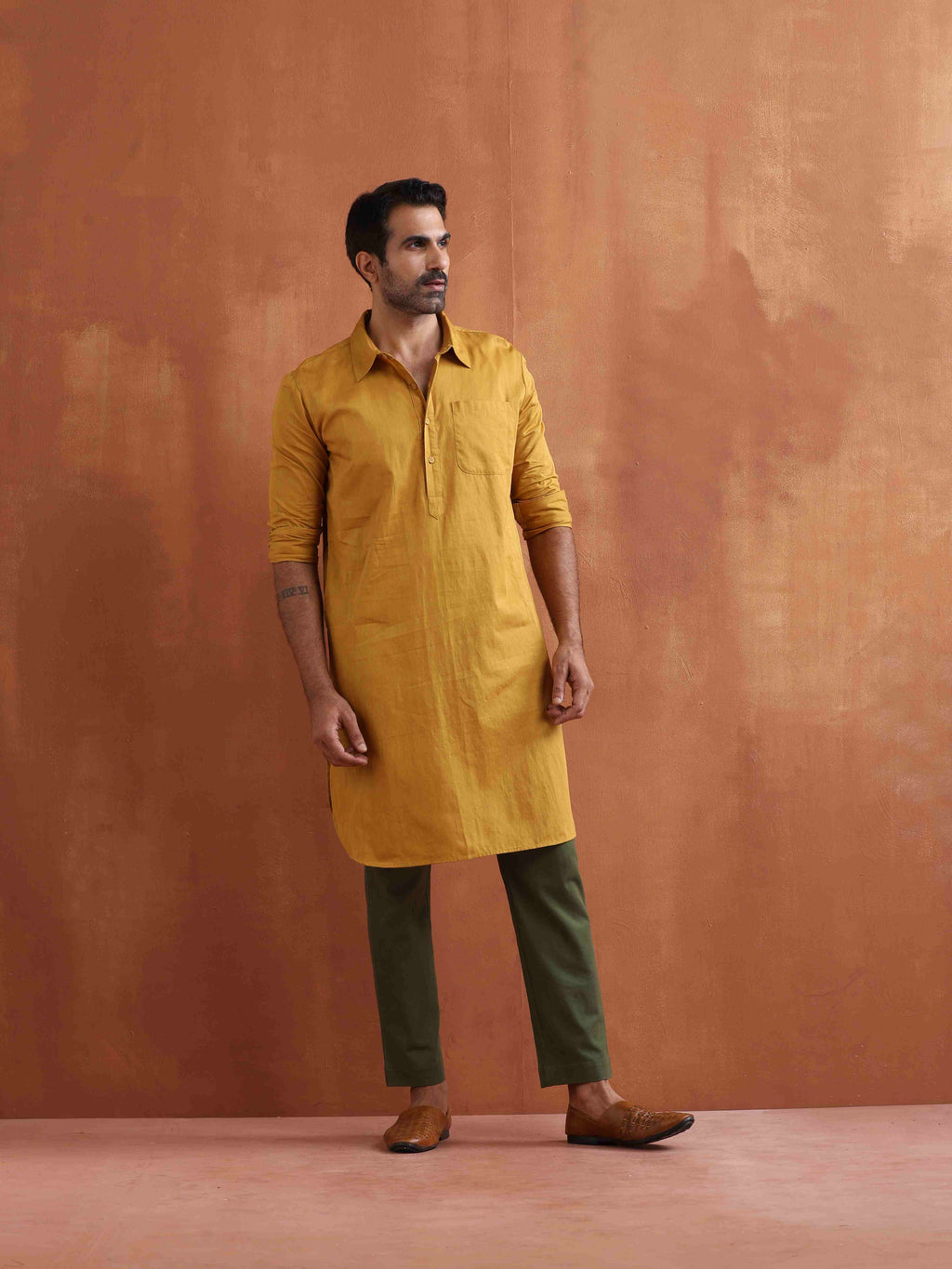 trueBrowns Men's Mustard Cotton Kurta | Grocsy
