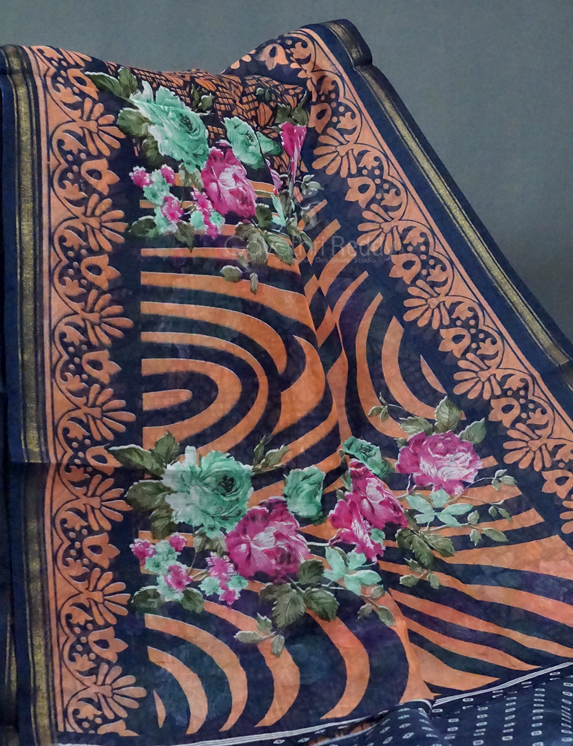 Shades of Navy Blue Colour Floral Design Semi Chanderi Saree By Gayathri Reddy Designer Studio | Grocsy