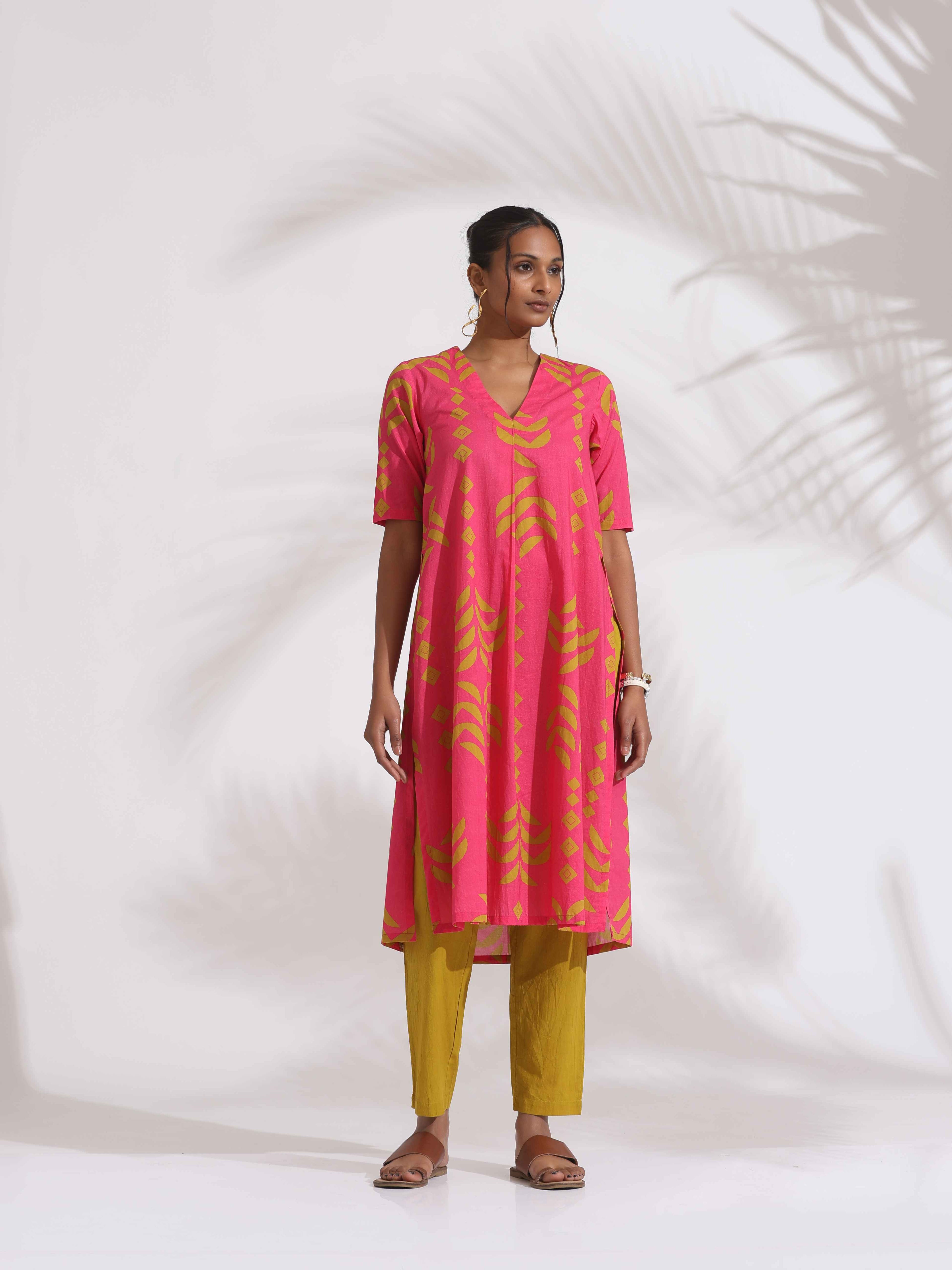 trueBrowns Pink Cotton Print A-line Kurta Set | Grocsy