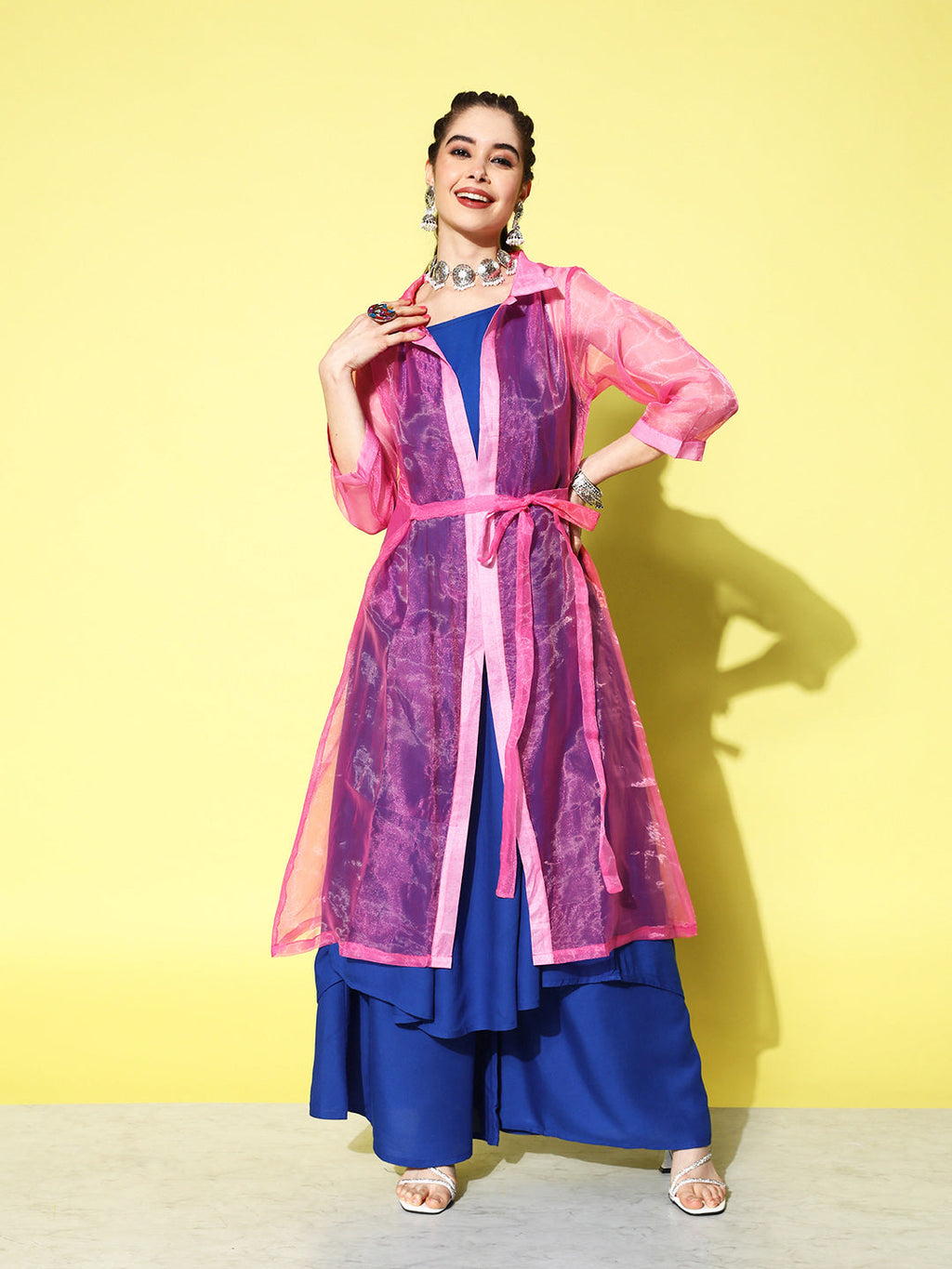 InWeave Women's Ink Blue Strappy Kurta Set With Pink Organza Cape | Grocsy