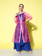 InWeave Women's Ink Blue Strappy Kurta Set With Pink Organza Cape | Grocsy