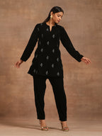 trueBrowns Black Velvet Embroidered Relaxed Co-ord Set | Grocsy