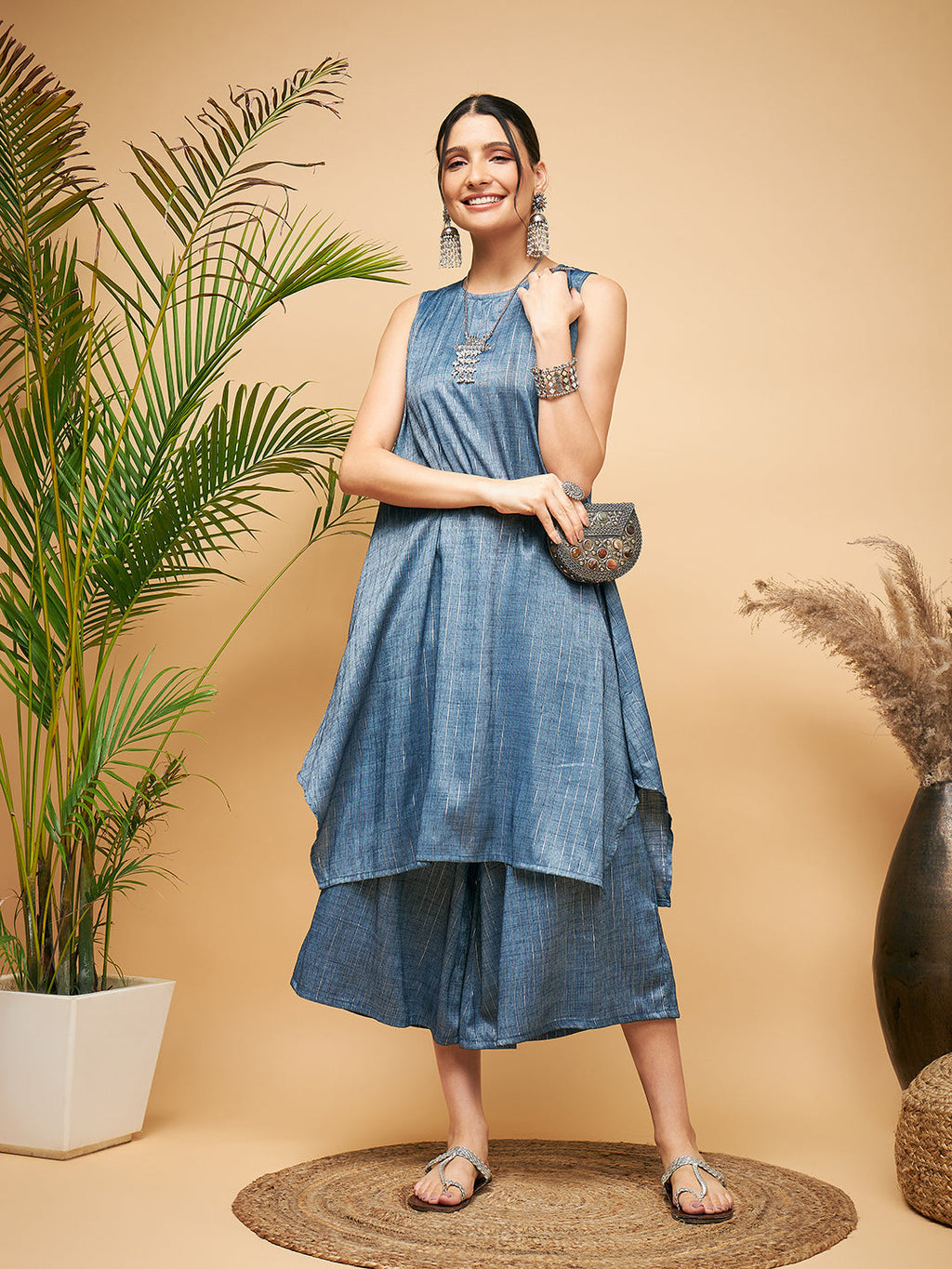 InWeave Women's Blue Lurex Short Pallazo Kurta Set | Grocsy