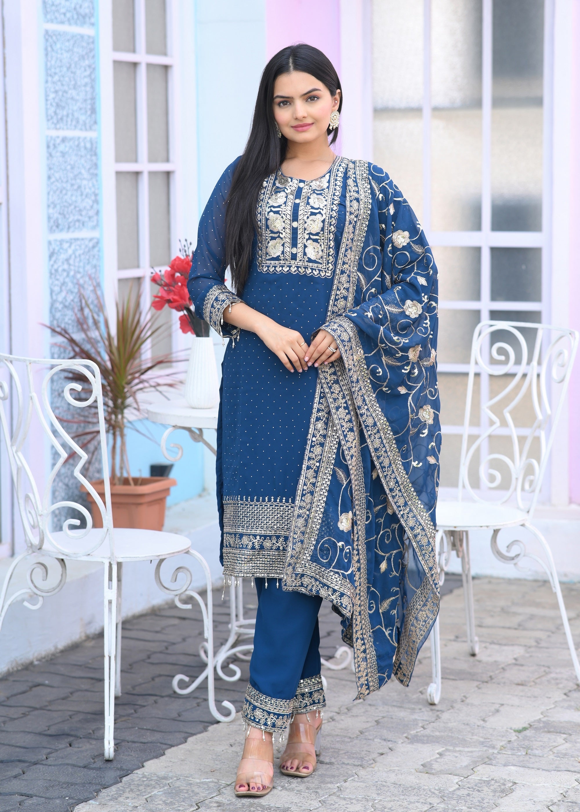Teeya Creation Blue Color Faux Georgette Silk Heavy Embroidery Work Fully Stitched Salwar Suit | Grocsy