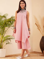 InWeave Women's Light Pink Lurex Kantha Mandarin Neck Kurta Palazzo Set | Grocsy