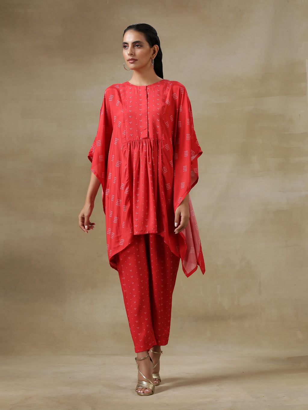trueBrowns Red Bandhani Printed Silk Kaftan Gathered Co-Ord Set | Grocsy