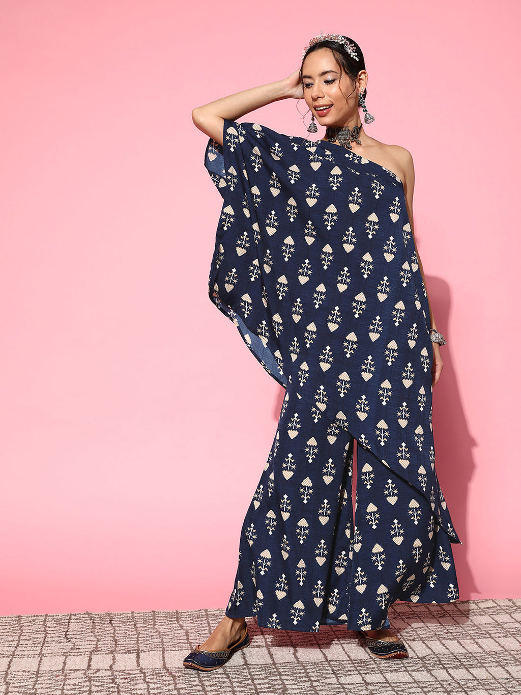 InWeave Women's Blue Boota One Shoulder Top With Palazzo Set | Grocsy