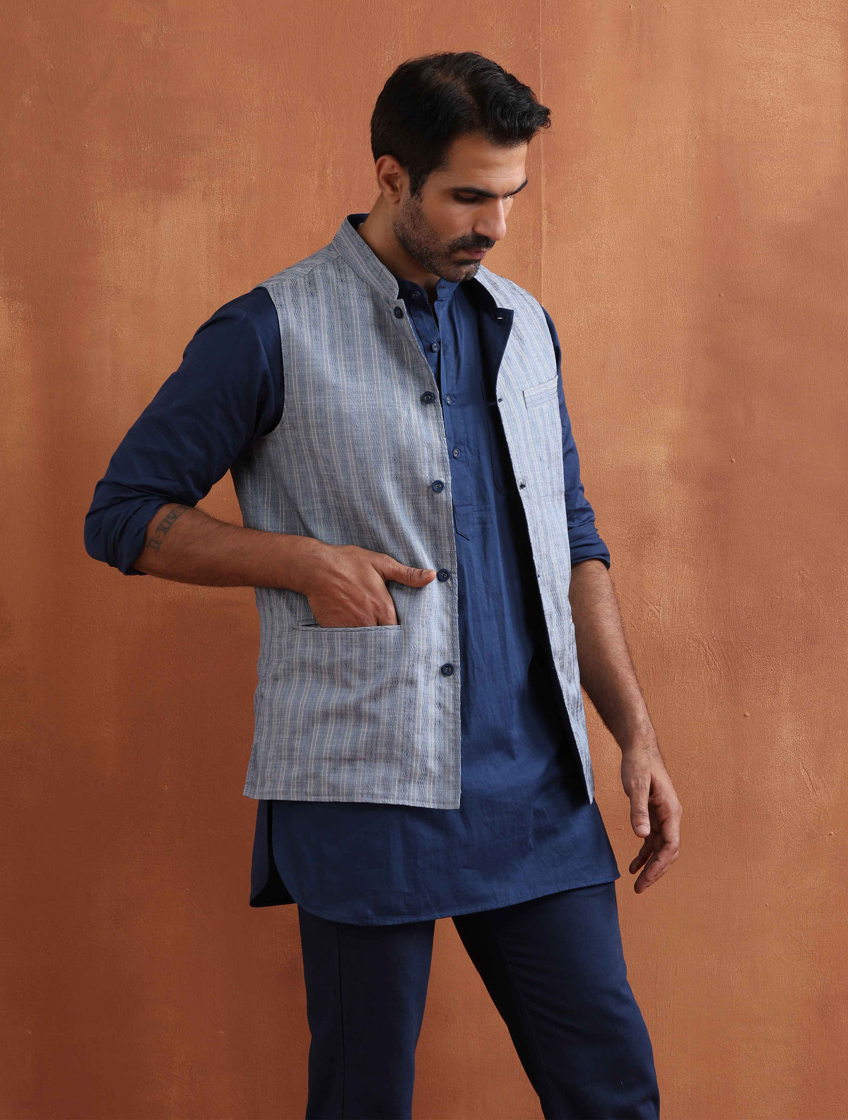 trueBrowns Men's Blue Chanderi Reversible Nehru Jacket | Grocsy
